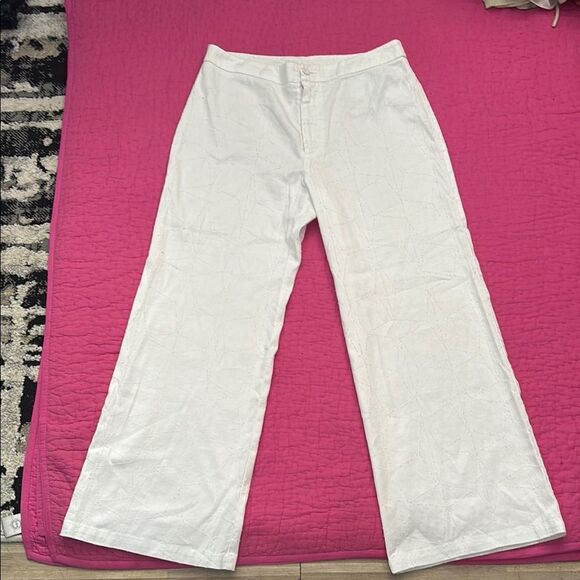 120% lino White Wide-Leg Pants, L - Picture 1 of 8